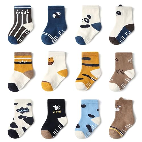 YANWANG 12 Paar Kleinkind Jungen Rutschfeste Socken Nette Baumwolle mit Griffen, Baby Jungen Mädchen Anti-Rutsch-Socken（KB165-panda，0-12 Monate von YANWANG