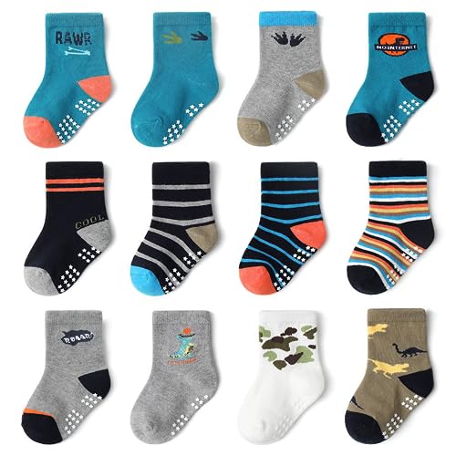 YANWANG 12 Paar Kleinkind Jungen Rutschfeste Socken Nette Baumwolle mit Griffen, Baby Jungen Mädchen Anti-Rutsch-Socken（KB167-dinosaur，0-12 Monate von YANWANG