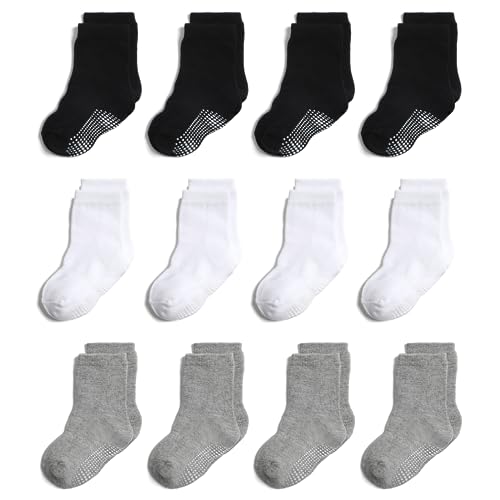 YANWANG 12 Paar Kleinkind Jungen Rutschfeste Socken Nette Baumwolle mit Griffen, Baby Jungen Mädchen Anti-Rutsch-Socken(White&Black&Grey—12 Paar,1-3 Jahre) von YANWANG