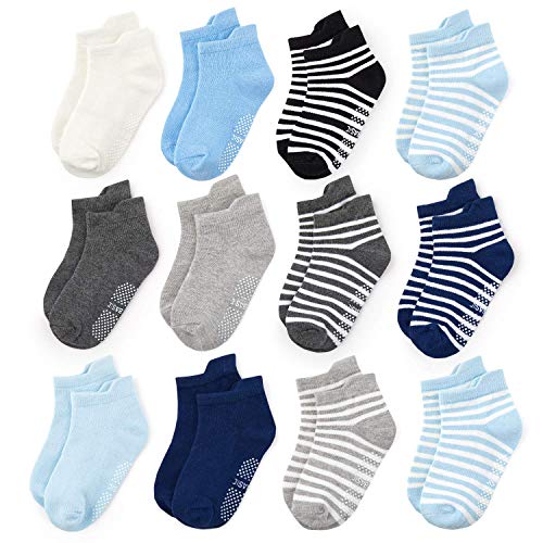 YANWANG 12 Paar Kleinkind Jungen Rutschfeste Socken Nette Baumwolle mit Griffen, Baby Jungen Mädchen Anti-Rutsch-Socken(4#Jungen,0-12 Monate) von YANWANG