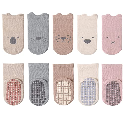 YANWANG 5 Paar Baby Anti-Rutsch-Socken, Niedliche Cartoon Crew Socken mit Griffen für Kleinkinder Jungen/Mädchen(1-cat,0-12 Monate) von YANWANG