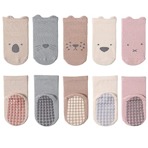 YANWANG 5 Paar Baby Anti-Rutsch-Socken, Niedliche Cartoon Crew Socken mit Griffen für Kleinkinder Jungen/Mädchen(1-cat,1-3 Jahre) von YANWANG