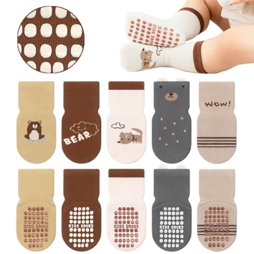 YANWANG 5 Paar Baby Anti-Rutsch-Socken, Niedliche Cartoon Crew Socken mit Griffen für Kleinkinder Jungen/Mädchen(3-Grizzly Bear,0-12 Monate) von YANWANG