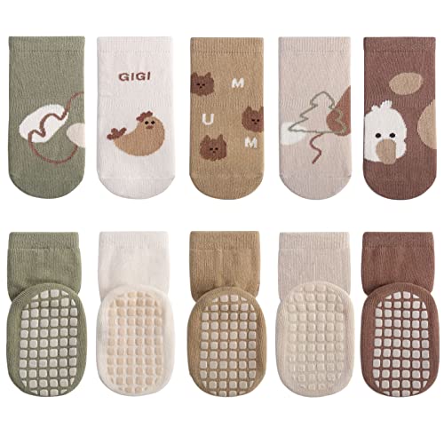 YANWANG 5 Paar Baby Anti-Rutsch-Socken, Niedliche Cartoon Crew Socken mit Griffen für Kleinkinder Jungen/Mädchen(5-chick,0-12 Monate) von YANWANG