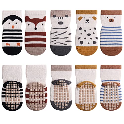 YANWANG 5 Paar Baby Anti-Rutsch-Socken, Niedliche Cartoon Crew Socken mit Griffen für Kleinkinder Jungen/Mädchen(6-dog,0-12 Monate) von YANWANG