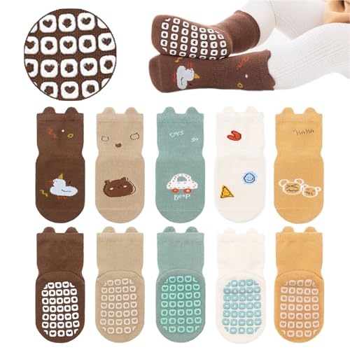 YANWANG 5 Paar Baby Anti-Rutsch-Socken, Niedliche Cartoon Crew Socken mit Griffen für Kleinkinder Jungen/Mädchen(8-bear,0-12 Monate) von YANWANG