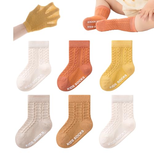 YANWANG 6 Paar Baby Anti-Rutsch Socken Unisex Mesh Crew Socken für Kleinkinder Jungen und Mädchen(Gelb,M:1-3 Y) von YANWANG