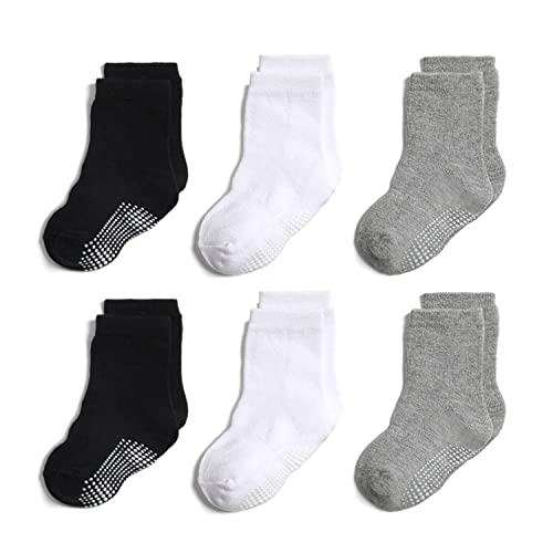 YANWANG 6 Paar Kleinkind Jungen Rutschfeste Socken Nette Baumwolle mit Griffen, Baby Jungen Mädchen Anti-Rutsch-Socken(weiß&schwarz&grau—6 Paar,3-5 Jahre) von YANWANG