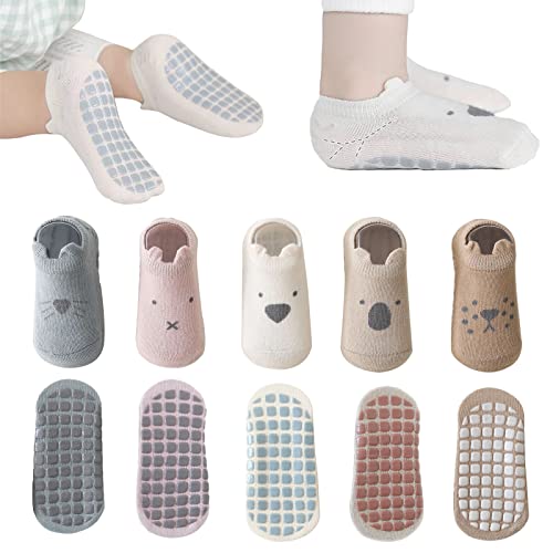 YANWANG Baby Anti-Rutsch-Socken Knöchel niedlich Cartoon Griffe Socken für Säuglinge Kleinkind Jungen Mädchen Mehrfarbig 5 Paar (Braune Katze,3-5 Years) von YANWANG