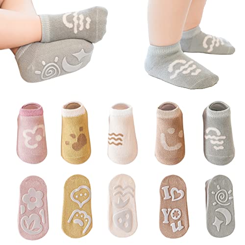 YANWANG Baby Anti-Rutsch-Socken Knöchel niedlich Cartoon Griffe Socken für Säuglinge Kleinkind Jungen Mädchen 5 Paar (Rosa Blume,0-12 Months) von YANWANG