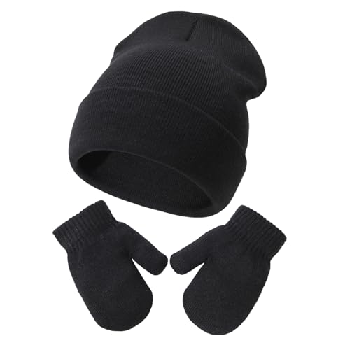 YANWANG Baby Beanie Mütze Fäustlinge Set Kinder Winter Warm Strickmützen mit Handschuhen für Kleinkinder Jungen Mädchen(M,Black) von YANWANG