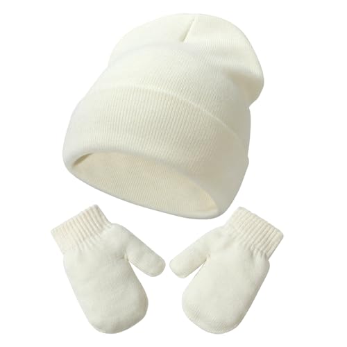 YANWANG Baby Beanie Mütze Fäustlinge Set Kinder Winter Warm Strickmützen mit Handschuhen für Kleinkinder Jungen Mädchen(M,White) von YANWANG