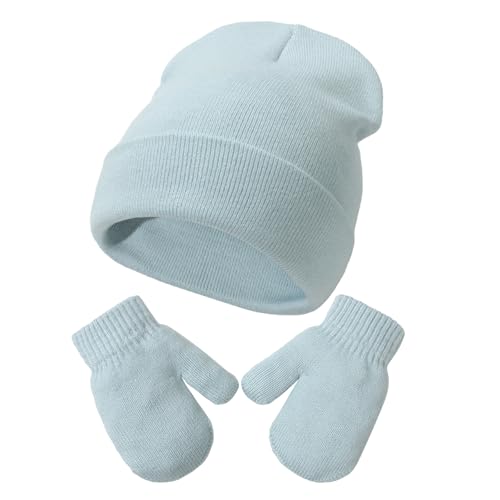 YANWANG Baby Beanie Mütze Fäustlinge Set Kinder Winter Warm Strickmützen mit Handschuhen für Kleinkinder Jungen Mädchen(M,blue) von YANWANG