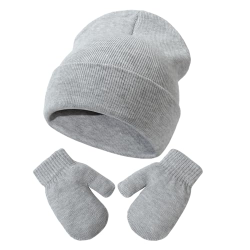 YANWANG Baby Beanie Mütze Fäustlinge Set Kinder Winter Warm Strickmützen mit Handschuhen für Kleinkinder Jungen Mädchen(M,grey) von YANWANG