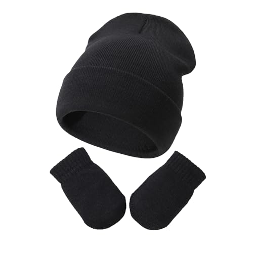 YANWANG Baby Beanie Mütze Fäustlinge Set Kinder Winter Warm Strickmützen mit Handschuhen für Kleinkinder Jungen Mädchen(S,black) von YANWANG