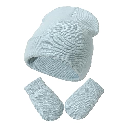 YANWANG Baby Beanie Mütze Fäustlinge Set Kinder Winter Warm Strickmützen mit Handschuhen für Kleinkinder Jungen Mädchen(S,Blue) von YANWANG