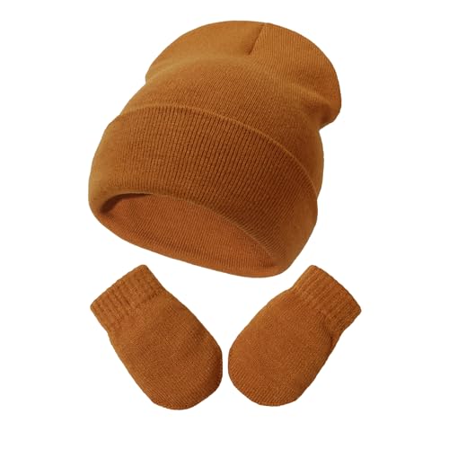 YANWANG Baby Beanie Mütze Fäustlinge Set Kinder Winter Warm Strickmützen mit Handschuhen für Kleinkinder Jungen Mädchen(S,caramel) von YANWANG