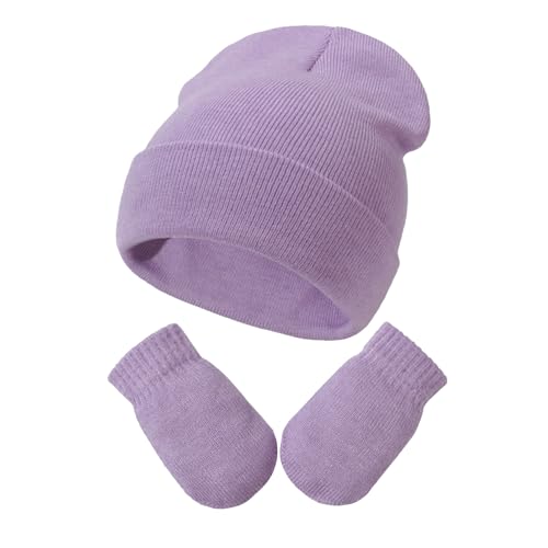 YANWANG Baby Beanie Mütze Fäustlinge Set Kinder Winter Warm Strickmützen mit Handschuhen für Kleinkinder Jungen Mädchen(S,Purple) von YANWANG