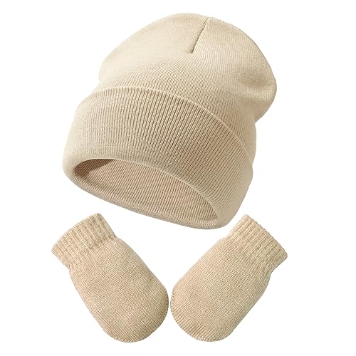 YANWANG Baby Beanie Mütze Fäustlinge Set Kinder Winter Warm Strickmützen mit Handschuhen für Kleinkinder Jungen Mädchen(S,beige) von YANWANG