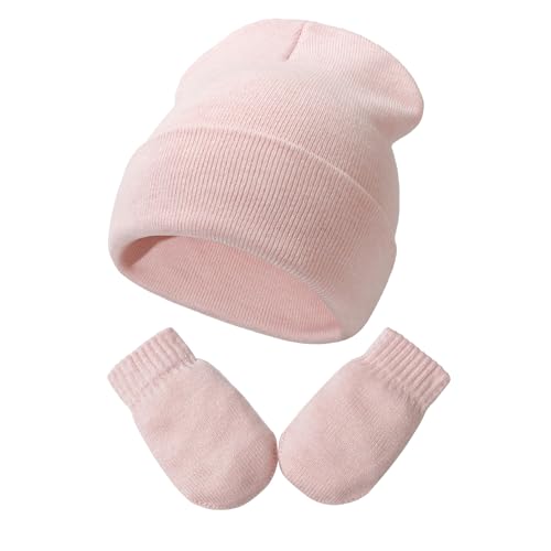 YANWANG Baby Beanie Mütze Fäustlinge Set Kinder Winter Warm Strickmützen mit Handschuhen für Kleinkinder Jungen Mädchen(S,pink) von YANWANG