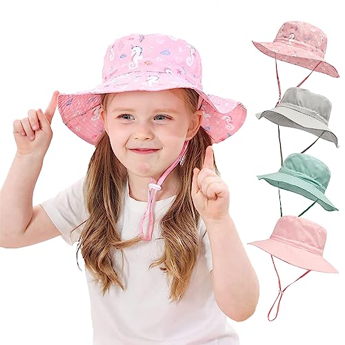 YANWANG Baby Kinder Einstellbare Eimer Sonnenhut, UPF 50+ Sonnenschutz Strandmütze für Kleinkinder Jungen Mädchen(Pink Seahorse,3-8years) von YANWANG