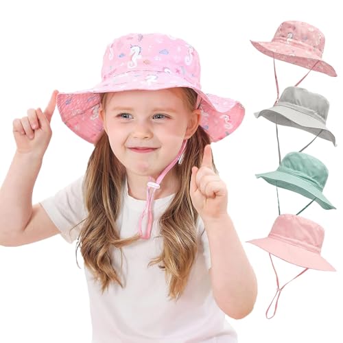 YANWANG Baby Kinder Einstellbare Eimer Sonnenhut, UPF 50+ Sonnenschutz Strandmütze für Kleinkinder Jungen Mädchen(Pink Seahorse,6-24Months) von YANWANG
