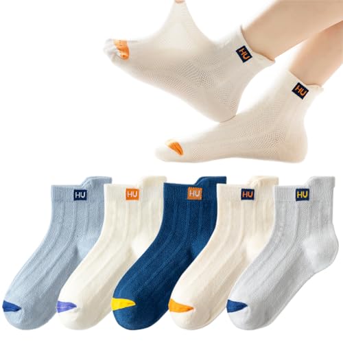 YANWANG Jungen Atmungsaktiv Crew Socken Sommer Weiche Baumwolle Socke für Kleinkinder Kinder 5 Paar(Multicolor1-HU,L) von YANWANG