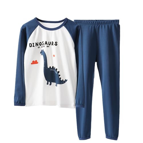 YANWANG Jungen Schlafanzug Set 100% Baumwolle Langarm Dinosaurier Nachtwäsche Kleinkind Jungen Nachtwäsche Outfits（2-Navy Dinosaur，4 T/ 110cm von YANWANG