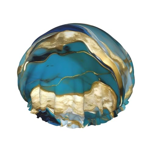 Azurit Blaugrün und Folie Gold Öl Marmor Muster Druck Große Größe Wasserdicht Duschhaube für Damen und Herren Wiederverwendbar Leicht Weich Hut von YANYU
