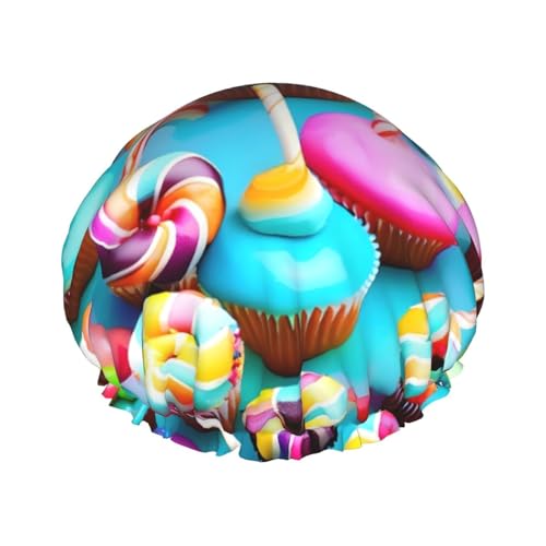 Bunte süße Lutscher-Cupcake-Donut-Druck, große Größe, wasserdicht, Duschhaube für Damen und Herren, wiederverwendbar, leicht, weich von YANYU