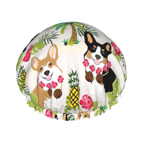 Corgi Hawaiianische tropische Sommer-Ananas-Druck, große Größe, wasserdicht, Duschhaube für Damen und Herren, wiederverwendbar, leicht, weich von YANYU