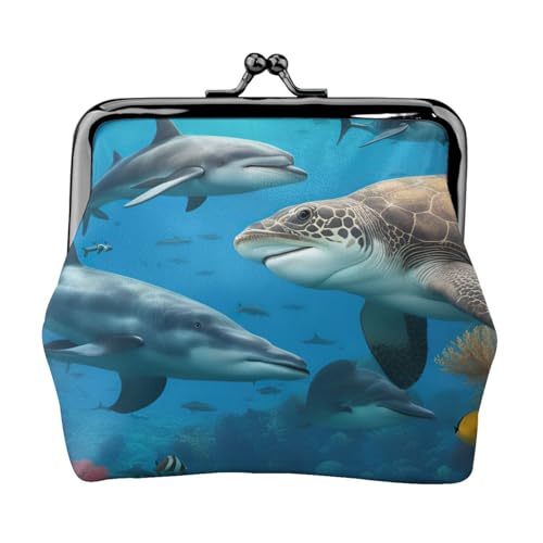 Dolphins Einzigartige Meeresschildkröte, Hai, Oktopus, Korallenriff, elegante Geldbörse mit Kussverschluss, wasserdicht von YANYU