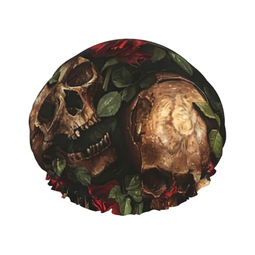 Duschhaube mit Totenkopf und roter Rose, groß, wasserdicht, für Damen und Herren, wiederverwendbar, leicht, weich von YANYU