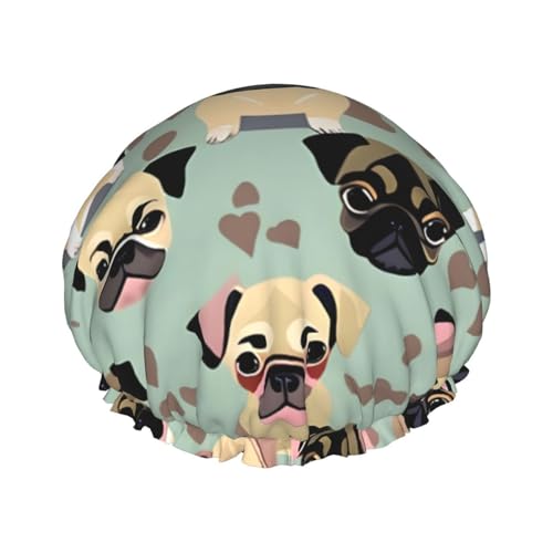 Duschhaube mit niedlichem Chihuahua-Mopsmuster, groß, wasserdicht, für Damen und Herren, wiederverwendbar, leicht, weich von YANYU