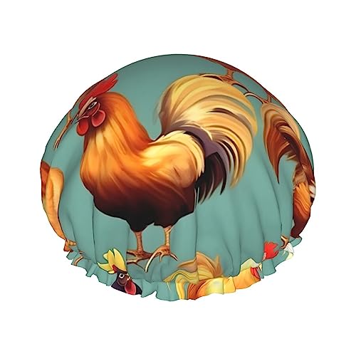 Duschhaube mit niedlichem Hahn-Aufdruck, groß, wasserdicht, für Damen und Herren, wiederverwendbar, leicht, weich von YANYU