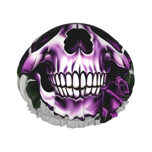 Große Größe wasserdichte Duschhaube mit lila Totenkopf-Aufdruck für Frauen und Männer wiederverwendbar leichter weicher Hut von YANYU
