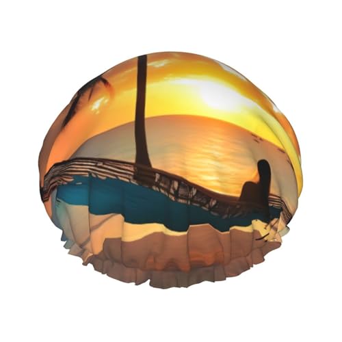 Kokosnuss Strand Sonnenuntergang Hängematte Druck große Größe wasserdichte Duschhaube für Damen und Herren wiederverwendbar leichte weiche Mütze von YANYU