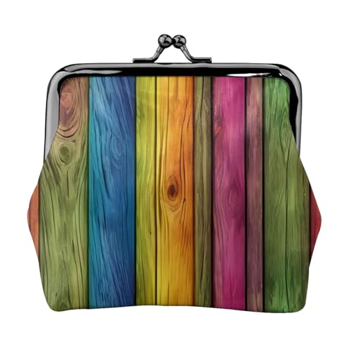 Regenbogenfarbener Holzhintergrund, stilvoll, einzigartige Münzgeldbörse, niedliche Mini-Geldbörse mit Kussschloss, wasserdicht für Münzen von YANYU