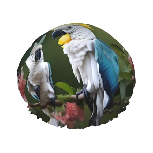 Schöne Duschhaube mit Kakadu-Vogel-Blumendruck, groß, wasserdicht, für Damen und Herren, wiederverwendbar, leicht, weich von YANYU