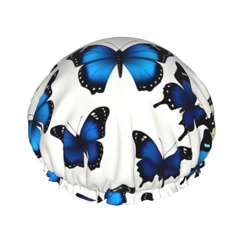 Viele blaue Schmetterlings-Druck-Duschhaube, groß, wasserdicht, für Damen und Herren, wiederverwendbar, leicht, weich von YANYU