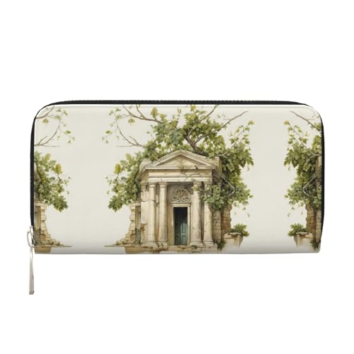 YANYU Antikes Gebäude mit römischem Olivenzweig und griechischem Druck, Leder-Handbrieftasche, Clutch für Damen, Freizeit und Reisen, für alle Anlässe, Schwarz, Einheitsgröße, Kunst von YANYU