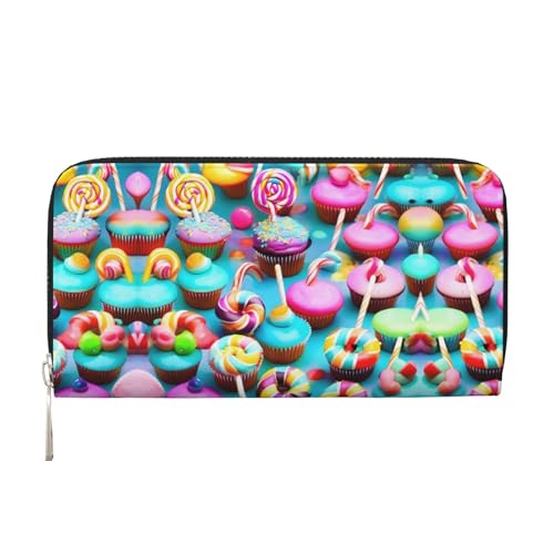 YANYU Bunte Geldbörse aus Leder mit süßem Lutscher-Motiv und Cupcake-Donut-Druck, für Damen, Freizeit und Reisen, für alle Anlässe, Schwarz, Einheitsgröße, Kunst von YANYU