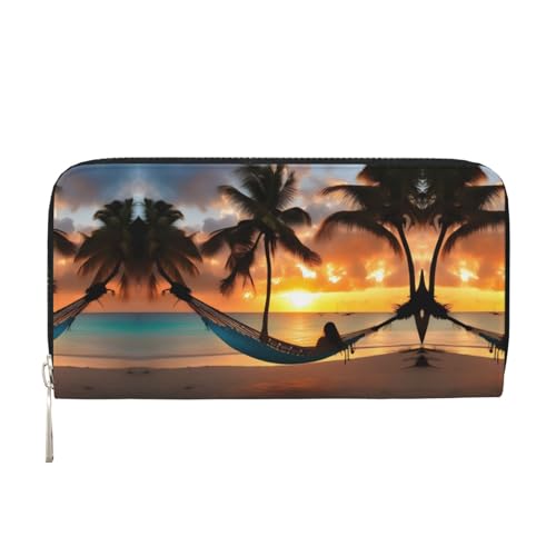 YANYU Coconut Beach Sonnenuntergang Hängematte Druck Leder Hand Geldbörse Clutch für Frauen Freizeit und Reisen Verwendung alle Gelegenheiten Geldbörse, Schwarz, Einheitsgröße, Kunst von YANYU