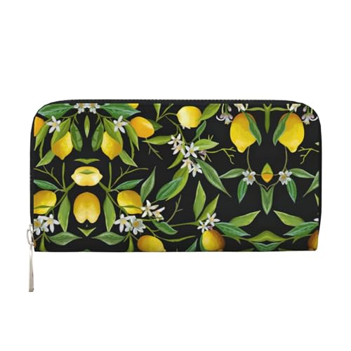 YANYU Geldbörse aus Leder mit Zitronen- und Blumendruck, Clutch, für Damen, Freizeit und Reisen, für alle Anlässe, Schwarz, Einheitsgröße, Kunst von YANYU