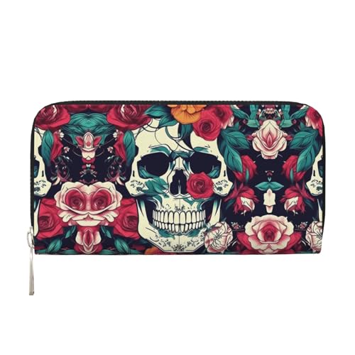 YANYU Geldbörse mit Blumenschädel und Ornamentdruck, Leder, Handbrieftasche, Clutch für Damen, Freizeit und Reisen, für alle Anlässe, Schwarz, Einheitsgröße, Kunst von YANYU