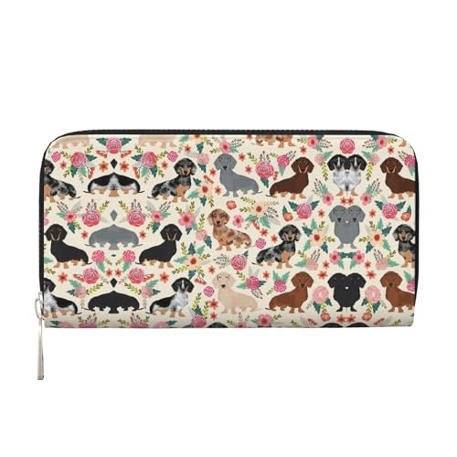 YANYU Geldbörse mit Dackel-Blumendruck, Leder, Handbrieftasche, Clutch, für Damen, Freizeit und Reisen, für alle Anlässe, Schwarz, Einheitsgröße, Kunst von YANYU