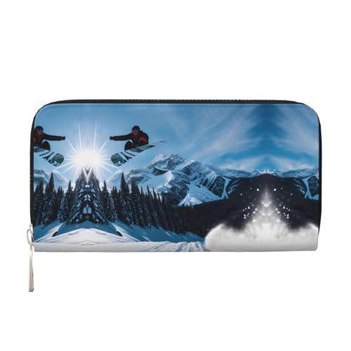 YANYU Geldbörse mit Snowboard-Aufdruck, Leder, Handbrieftasche, Clutch für Damen, Freizeit und Reisen, für alle Gelegenheiten, Schwarz, Einheitsgröße, Kunst von YANYU
