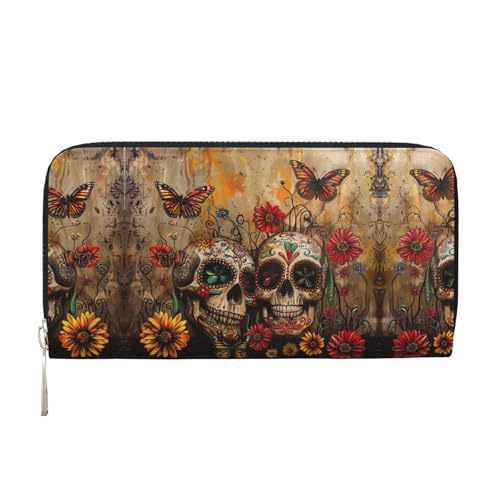 YANYU Geldbörse mit Totenkopf-Motiv, Leder, Handbrieftasche, Clutch, für Damen, Freizeit und Reisen, für alle Anlässe, Schwarz, Einheitsgröße, Kunst von YANYU