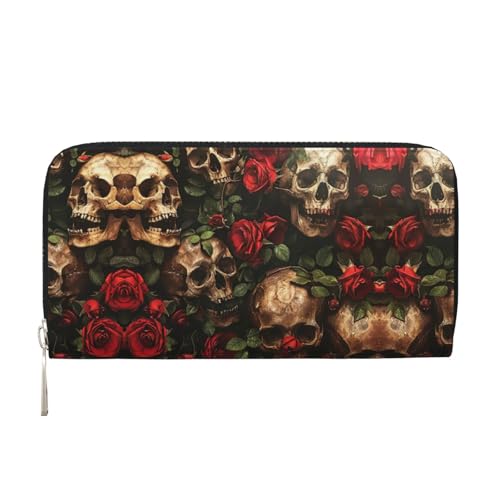 YANYU Geldbörse mit Totenkopf- und Rose-Aufdruck, Leder, Handbrieftasche, Clutch, für Damen, Freizeit und Reisen, für alle Anlässe, Schwarz, Einheitsgröße, Kunst von YANYU