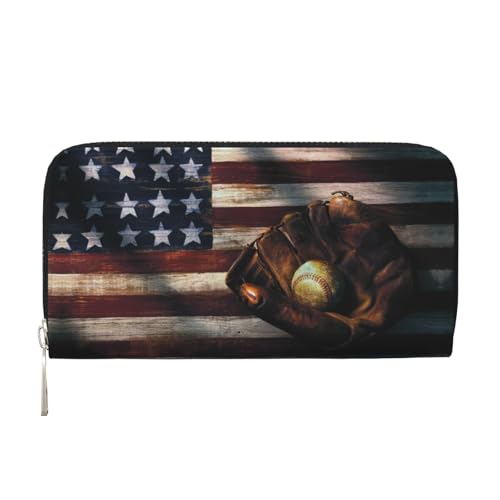YANYU Geldbörse mit amerikanischer Flagge, Baseball-Druck, Leder, Handbrieftasche für Damen, Freizeit und Reisen, für alle Anlässe, Schwarz, Einheitsgröße, Kunst von YANYU
